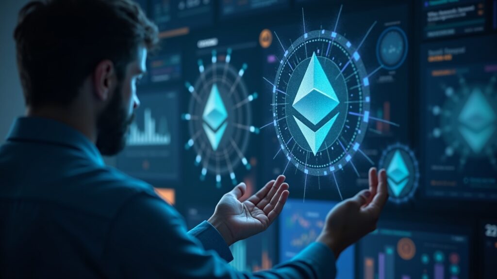 Analista en una sala de noticias observa logos holográficos de Solana y Ethereum NFT convergiendo en el emblema MON