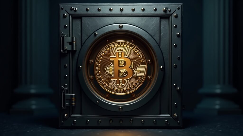 Bóveda de Bitcoin fotorealista con control 3 de 5 firmas; cinco signatarios rodean una billetera segura, frente a un banco suizo.