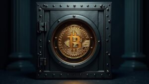 Bóveda de Bitcoin fotorealista con control 3 de 5 firmas; cinco signatarios rodean una billetera segura, frente a un banco suizo.