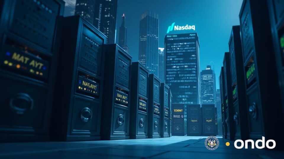 Montaje realista con el edificio de Nasdaq, nodos blockchain y cofres DTC opacos, logos de Ondo y SEC en primer plano.