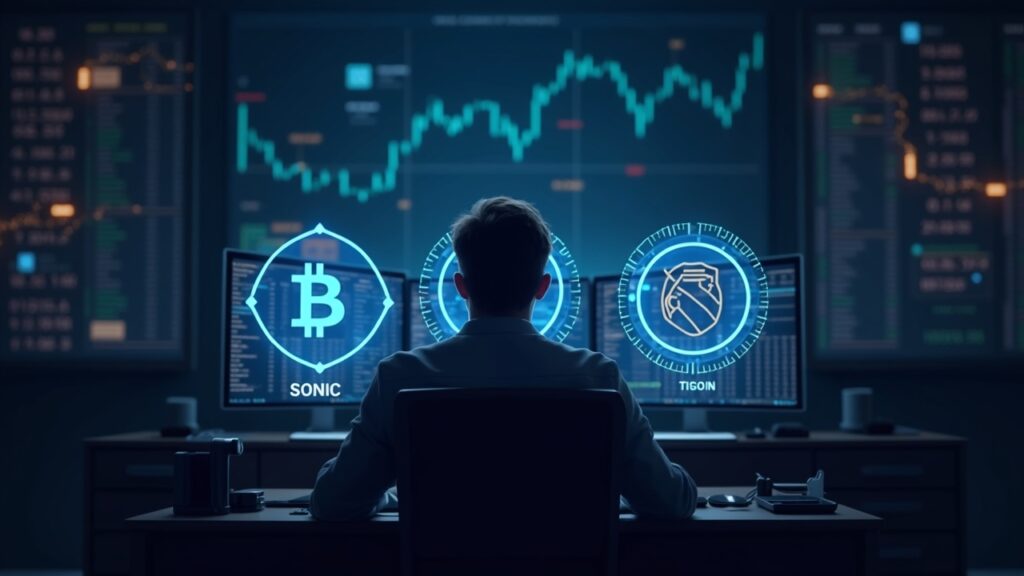 Trader en sala de noticias con pantallas: Bitcoin cayendo y altcoin season subiendo; iconos holográficos de Sonic, Stacks y Bittensor.