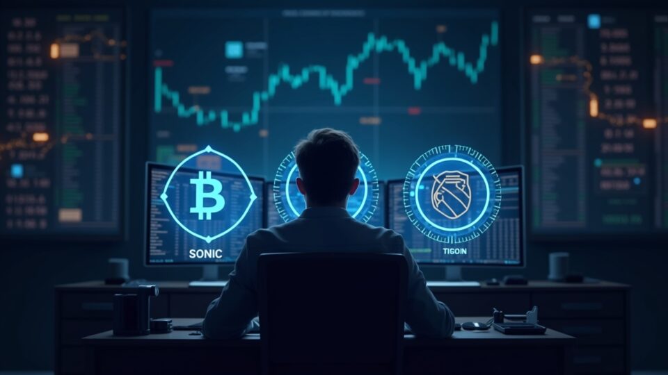 Trader en sala de noticias con pantallas: Bitcoin cayendo y altcoin season subiendo; iconos holográficos de Sonic, Stacks y Bittensor.