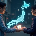 Funcionario local japonés entrega un NFT luminoso a un turista, con un mapa holográfico de Japón y visuales de XRP Ledger