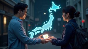 Funcionario local japonés entrega un NFT luminoso a un turista, con un mapa holográfico de Japón y visuales de XRP Ledger
