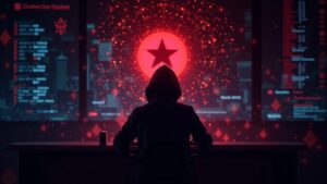silueta de hacker ante consola luminosa, flujos de ether y nodos blockchain; alerta roja por robo de 2 mil millones