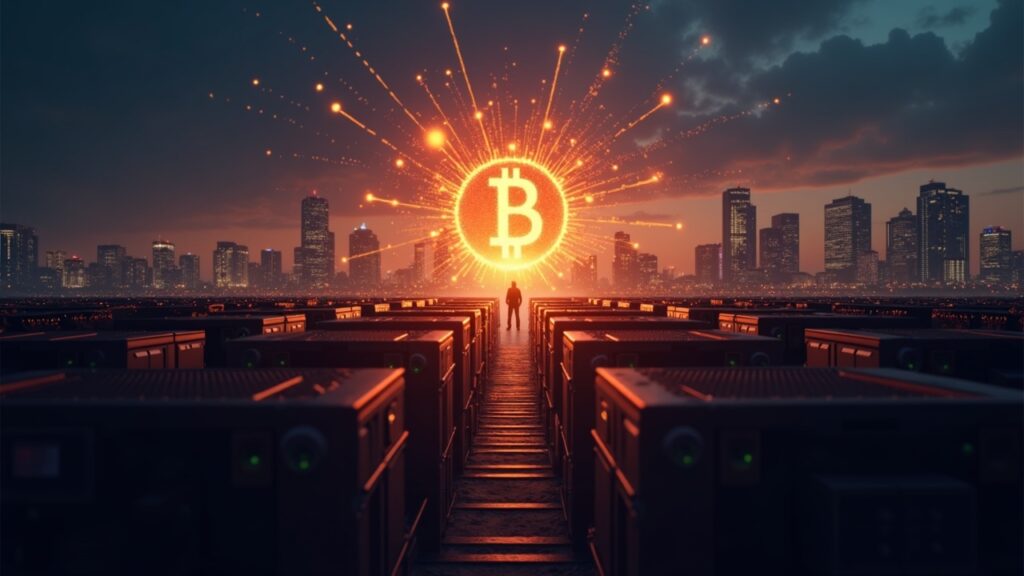 Escena fotorrealista: granja de minería de Bitcoin, horizonte urbano, silueta de regulador y red descentralizada iluminada.