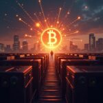Escena fotorrealista: granja de minería de Bitcoin, horizonte urbano, silueta de regulador y red descentralizada iluminada.