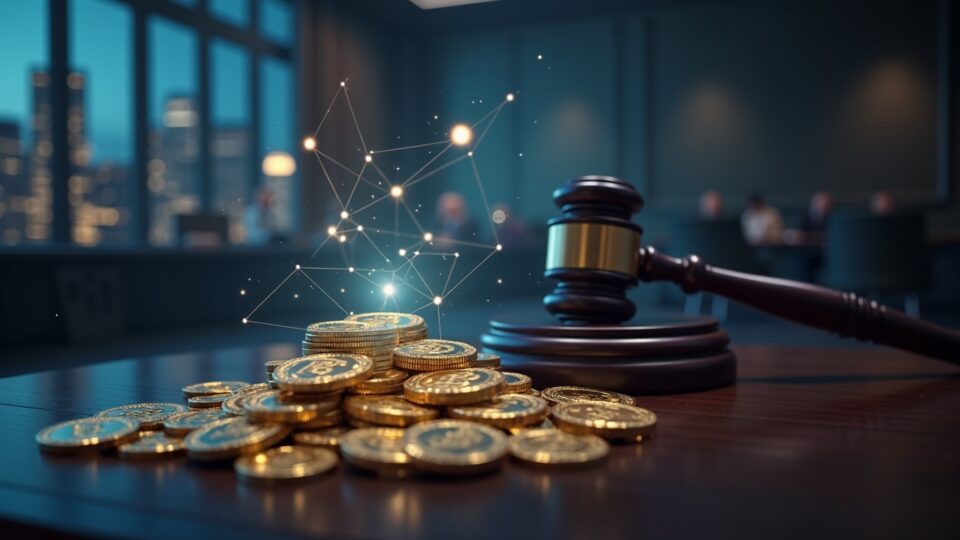Sala de audiencias en Nueva York con mazo y fichas holográficas de cripto; skyline al fondo, tema de congelación de activos.