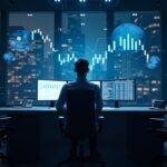 Trabajador en sala de noticias con gráficos holográficos de Solana, Hedera y Litecoin ante la fachada de la NYSE.