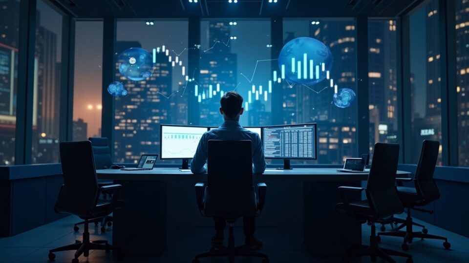 Trabajador en sala de noticias con gráficos holográficos de Solana, Hedera y Litecoin ante la fachada de la NYSE.