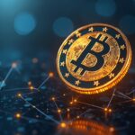Fachada de banco franco-alemán con moneda EUROD brillante y líneas de blockchain, puente regulado entre banca y cripto.