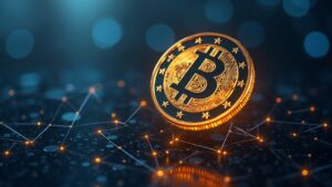 Fachada de banco franco-alemán con moneda EUROD brillante y líneas de blockchain, puente regulado entre banca y cripto.
