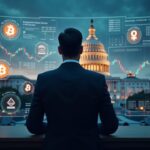 Operador de traje ante un panel de ETFs con Bitcoin y Ethereum, Capitolio al fondo y cielo tormentoso
