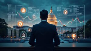 Operador de traje ante un panel de ETFs con Bitcoin y Ethereum, Capitolio al fondo y cielo tormentoso