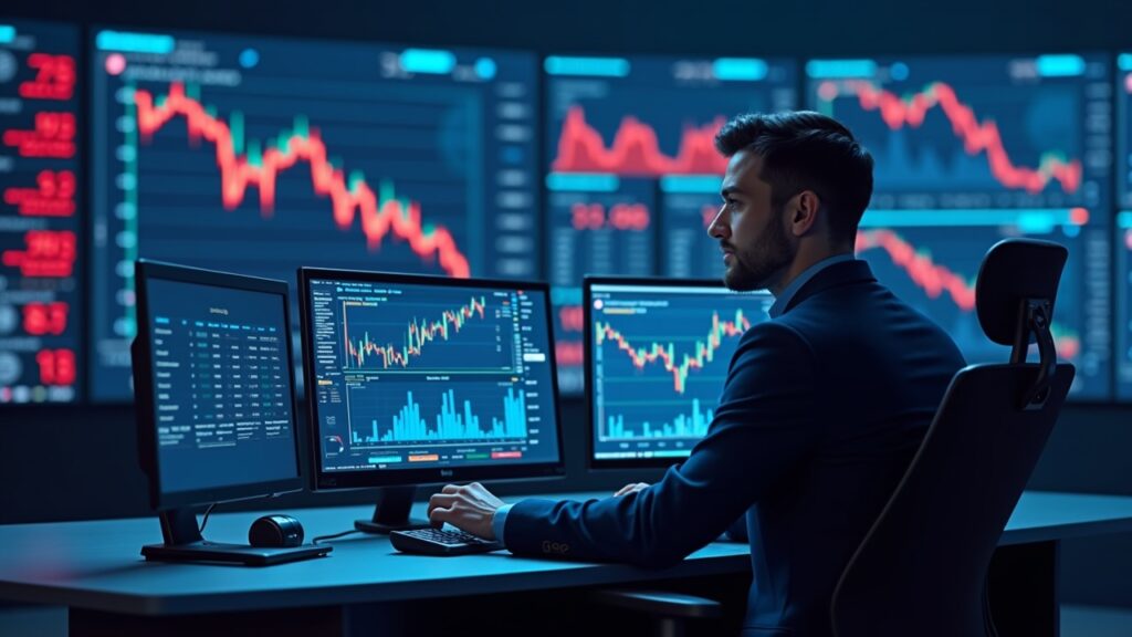 Mesa de trading en sala de noticias, pantallas con Oracle, gráficos rojos de Bitcoin y criptomonedas, en un entorno azul.