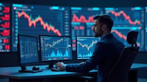 Mesa de trading en sala de noticias, pantallas con Oracle, gráficos rojos de Bitcoin y criptomonedas, en un entorno azul.