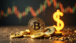 Escena realista con Bitcoin y oro en primer plano, dólar desvaneciéndose al fondo, iluminación de redacción.