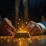 Analista financiero de traje coloca una barra de oro junto a una red blockchain luminosa, valorando poder adquisitivo y soberanía cripto.
