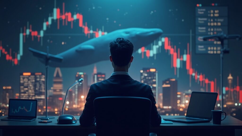 Operador cripto en primer plano ante gráfico de PEPE al alza, silueta de una ballena y símbolos de regulación al fondo, estilo newsroom.