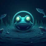 Encabezado fotorealista: la rana Pepe en el centro, ballenas alrededor y gráfico ascendente con datos on-chain.