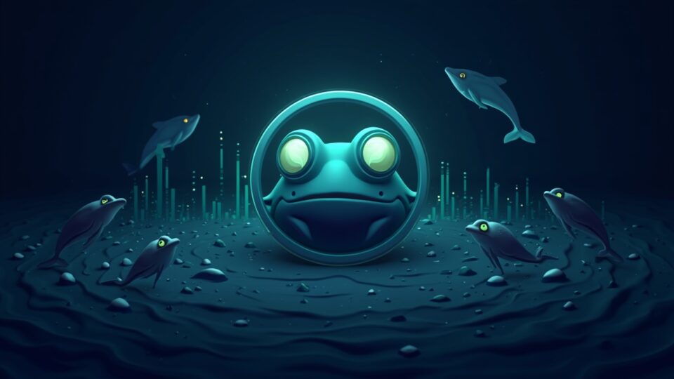 Encabezado fotorealista: la rana Pepe en el centro, ballenas alrededor y gráfico ascendente con datos on-chain.