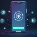 Smartphone displays Phantom Cash on Solana with network nodes and fiat logos in the background.
