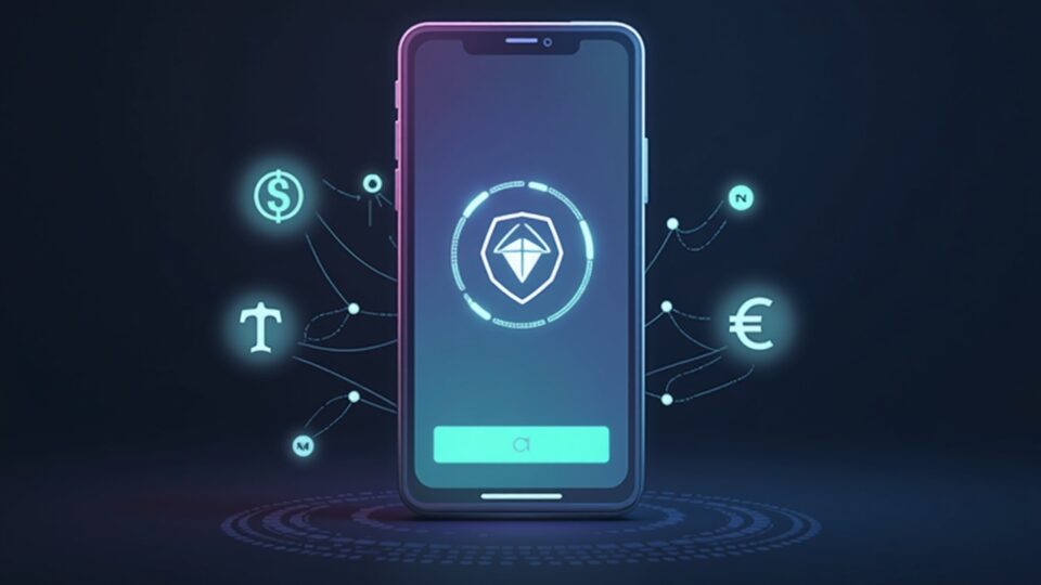 Smartphone displays Phantom Cash on Solana with network nodes and fiat logos in the background.