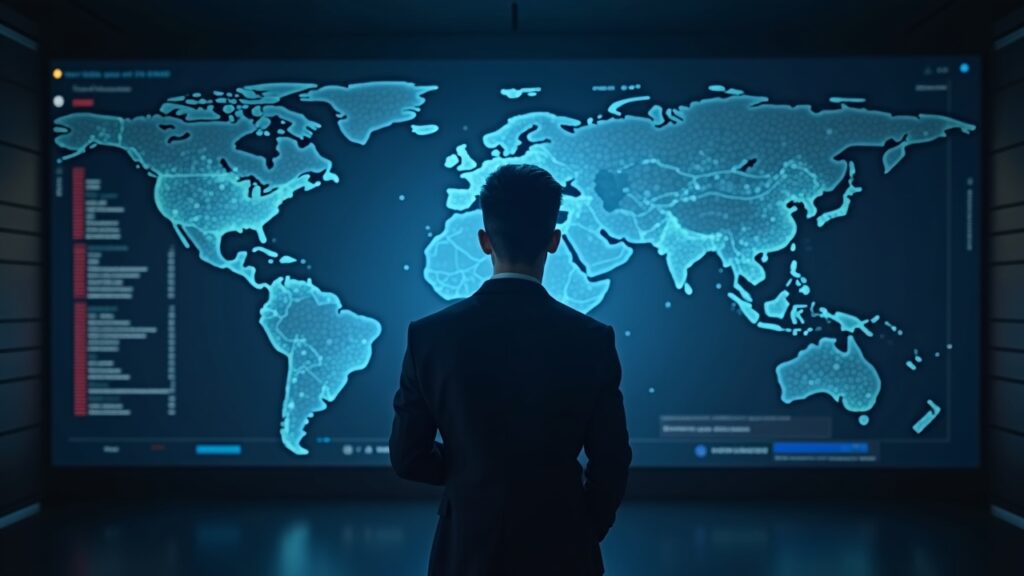 Figura central en sala de trading: activos tokenizados de piloto a producción, mapa de liquidez entre cadenas y oráculos.