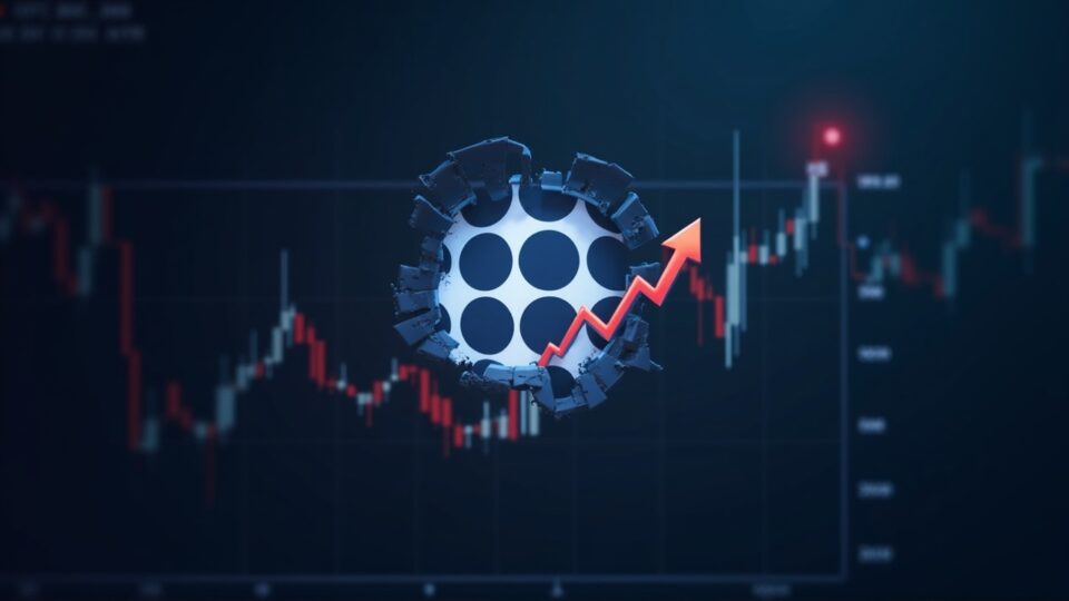 Logotipo de Polkadot rompiendo resistencia alcista, fondo de despacho cripto limpio y gráfico ascendente, señalando la actualización JAM y gobernanza.