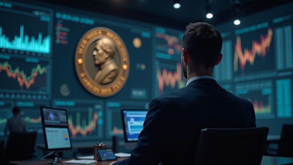Analista frente a panel de Polymarket brillando, medalla Nobel desenfocada al fondo y gráficos de blockchain.
