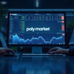 Terminal de trading en primer plano con branding de Polymarket, QCEX y fondo regulatorio de EE. UU.