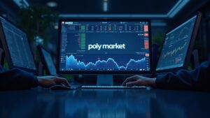 Terminal de trading en primer plano con branding de Polymarket, QCEX y fondo regulatorio de EE. UU.