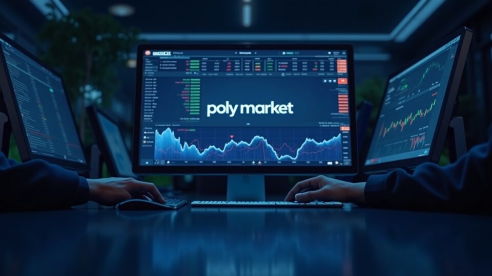 Terminal de trading en primer plano con branding de Polymarket, QCEX y fondo regulatorio de EE. UU.