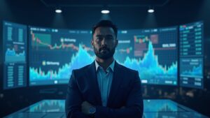 Operador de trading en el centro, pantallas con mercados holográficos y logos de Polymarket e ICE en una sala cripto.