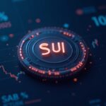Icono realista del token SUI con gráfico de precio que cae 15% en una semana y calendario de octubre 2025
