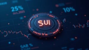 Icono realista del token SUI con gráfico de precio que cae 15% en una semana y calendario de octubre 2025
