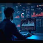 Trader central frente a tablero de predicción con íconos Kalshi y Polymarket, gráficos en alza y balanzas regulatorias.