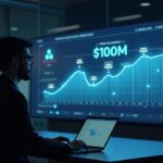Profesional de redacción ante pantalla holográfica mostrando recompra de $100M y SOL brillantes en una tesorería cripto.