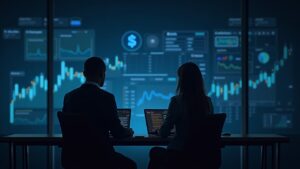 Analista profesional en una sala de noticias moderna con gráficos cripto y una silueta regulatoria.
