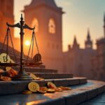 Escalinatas de un juzgado del Reino Unido con símbolos de Bitcoin fluyendo hacia una balanza, siluetas del Reino Unido y China al fondo.