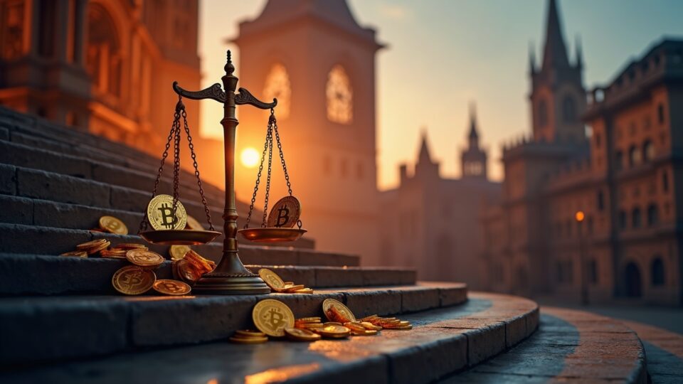 Escalinatas de un juzgado del Reino Unido con símbolos de Bitcoin fluyendo hacia una balanza, siluetas del Reino Unido y China al fondo.