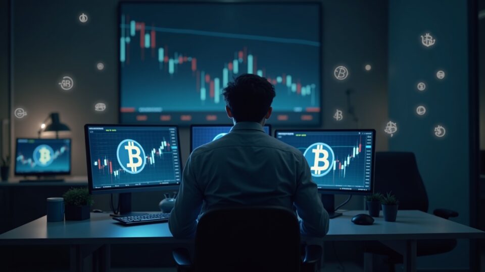 Worried retail trader at a sleek desk; Bitcoin price plunge on screens, ETF logos, crash graph, and subtle regulatory icons.