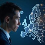 Retrato fotorrealista de un ejecutivo fintech frente a un mapa de Europa con nodos cripto y la insignia MiCA CySEC.