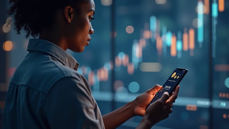 Persona diversa usa un móvil con Revolut, muestra iconos de stablecoins y un símbolo de swap sin coste en un fondo fintech.