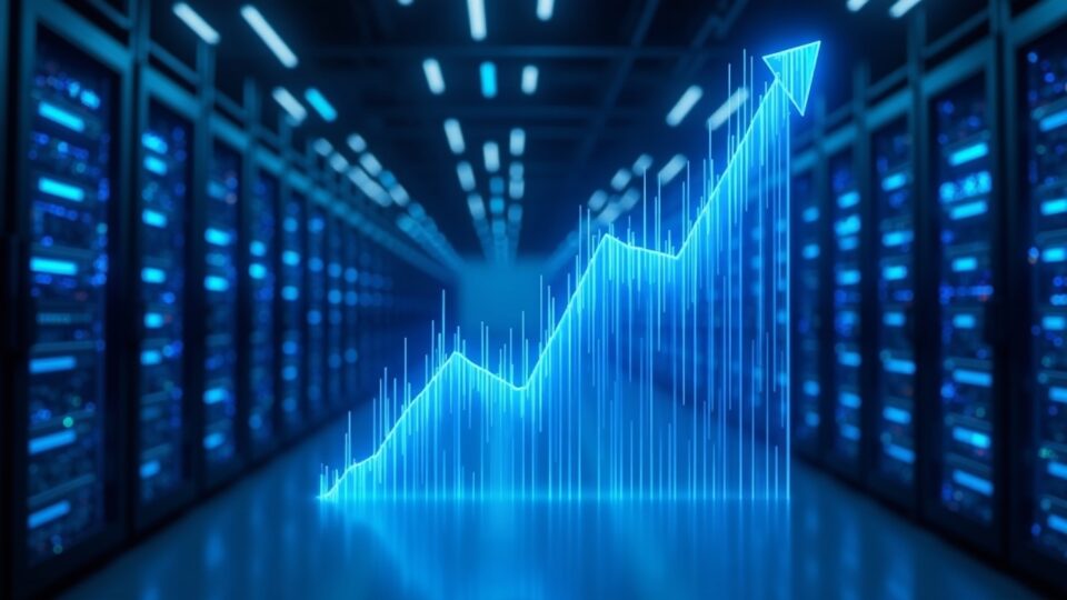 Instalación de minería cripto con mineros ASIC, iluminación azul y gráfico de acciones en alza.