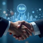 Ejecutivos de Ripple y líder de Bahrain FinTech Bay se estrechan la mano, holograma RLUSD y horizonte de Bahréin al fondo.