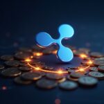 Logotipo de Ripple sobre un libro mayor de escrow iluminado con fichas XRP, mostrando desbloqueo programado.