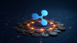 Logotipo de Ripple sobre un libro mayor de escrow iluminado con fichas XRP, mostrando desbloqueo programado.