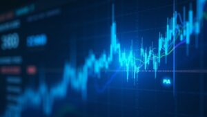 Trader robótico desencadena repunte de precio en libro de órdenes on-chain, gráfico azul neón.