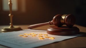 Sala de tribunales rusa, mazo sobre un documento de divorcio y un libro mayor de blockchain con iconos de cripto